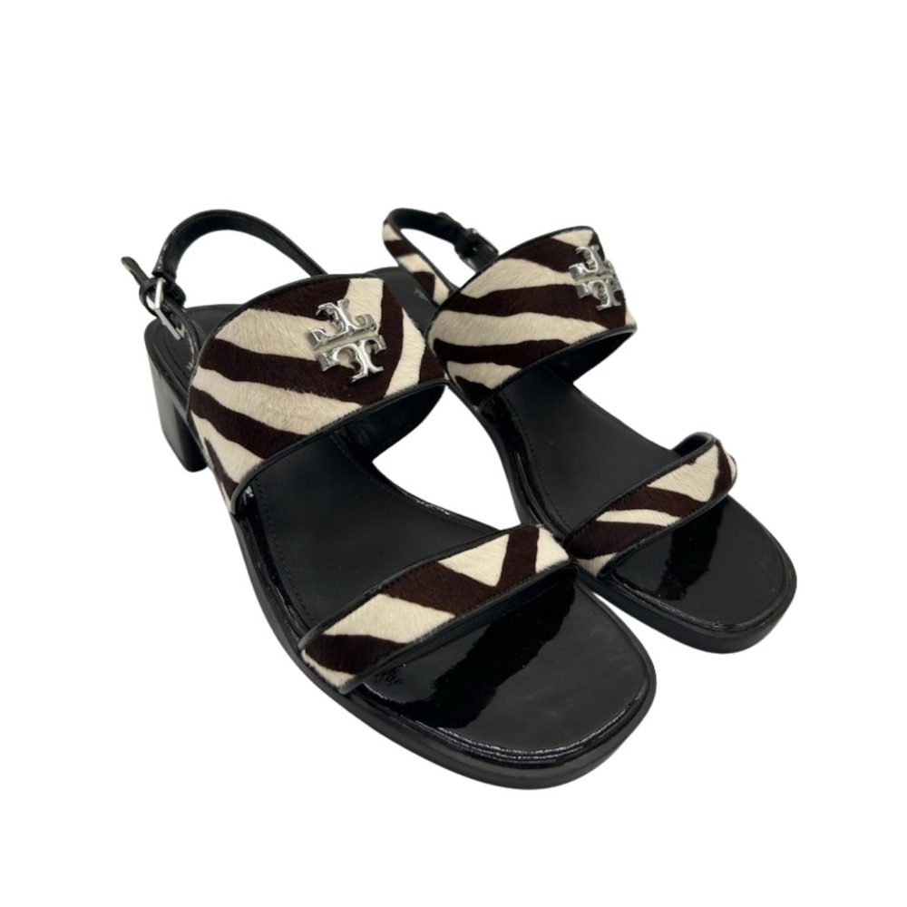 Tory Burch Zebra Pony Calf Hair Sandals Women's Size‎ 6 Silver Logo Block